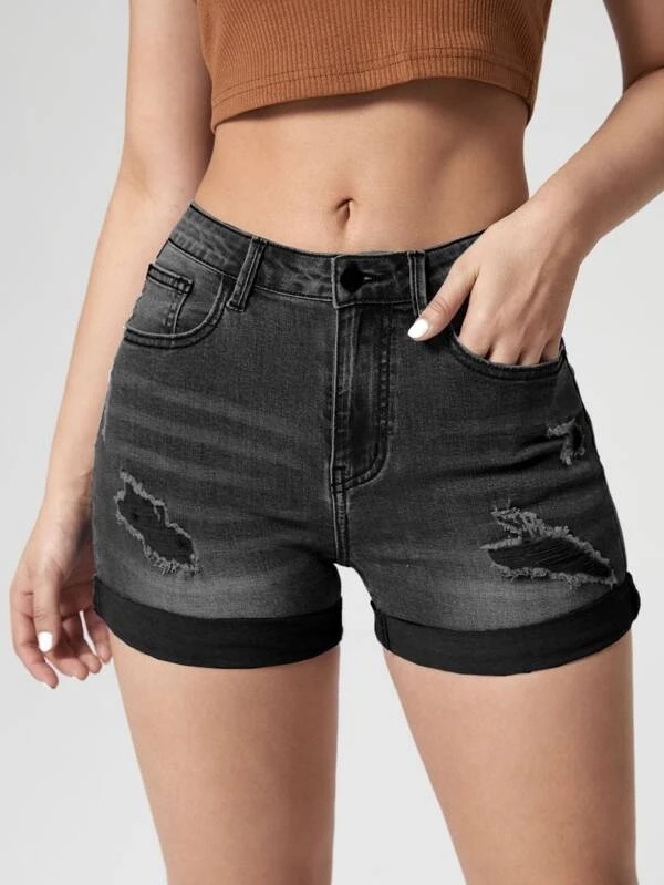 Women Stretch High Waist Ripped Denim Shorts