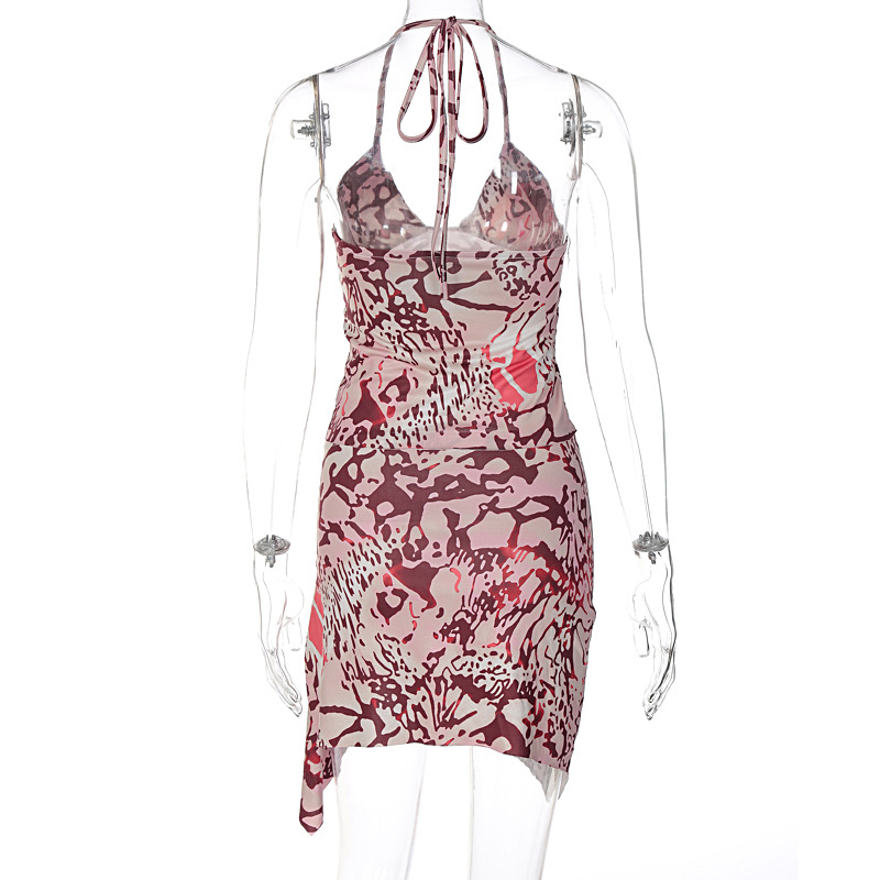 Women Summer Printed Backless Top and Printed Slit Skirt Two Piece Set