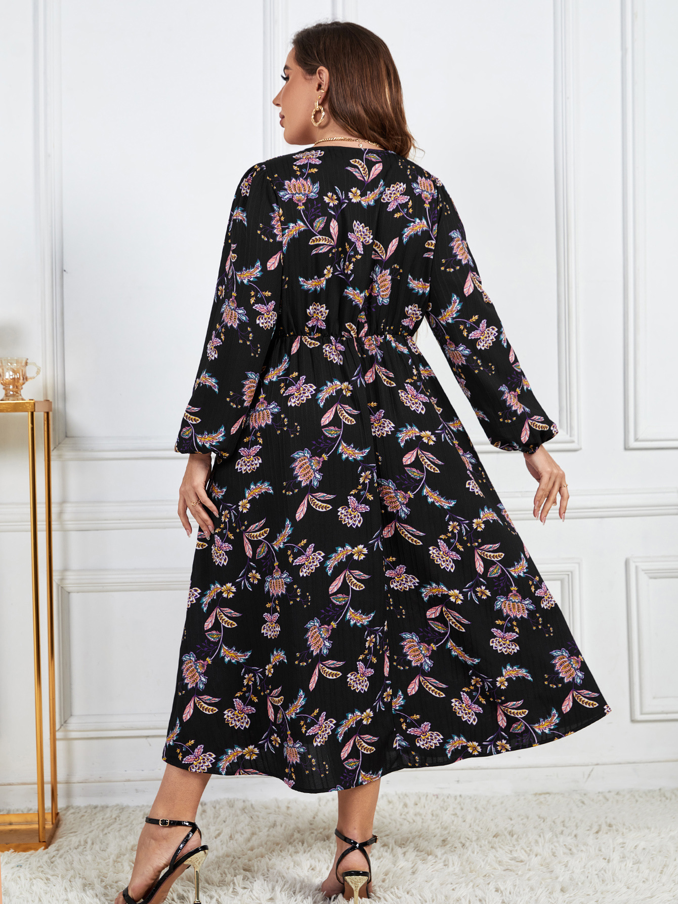 Printed Loose Chic Slim Waist Slim Fit High Waist Long Sleeve Floral Dress Women