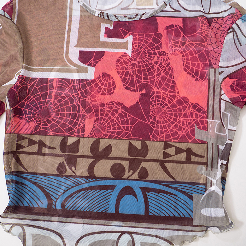 Women's Summer Sexy Mesh Digital Printing Round Neck Long Sleeve Crop Top