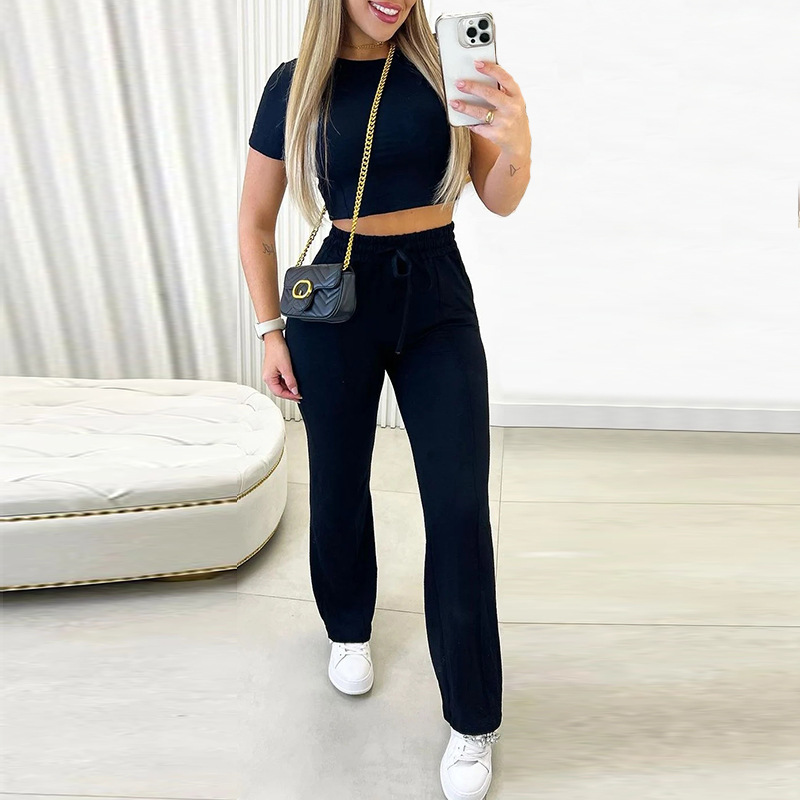 Women's Summer Round Neck Short Sleeve T-Shirt Drawstring High Waist Straight Leg Pants Athletic Casual Suit