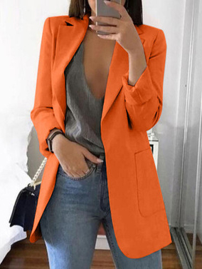Spring Fall Women's Long Sleeve Plain Pocket Cardigan Blazer Jacket