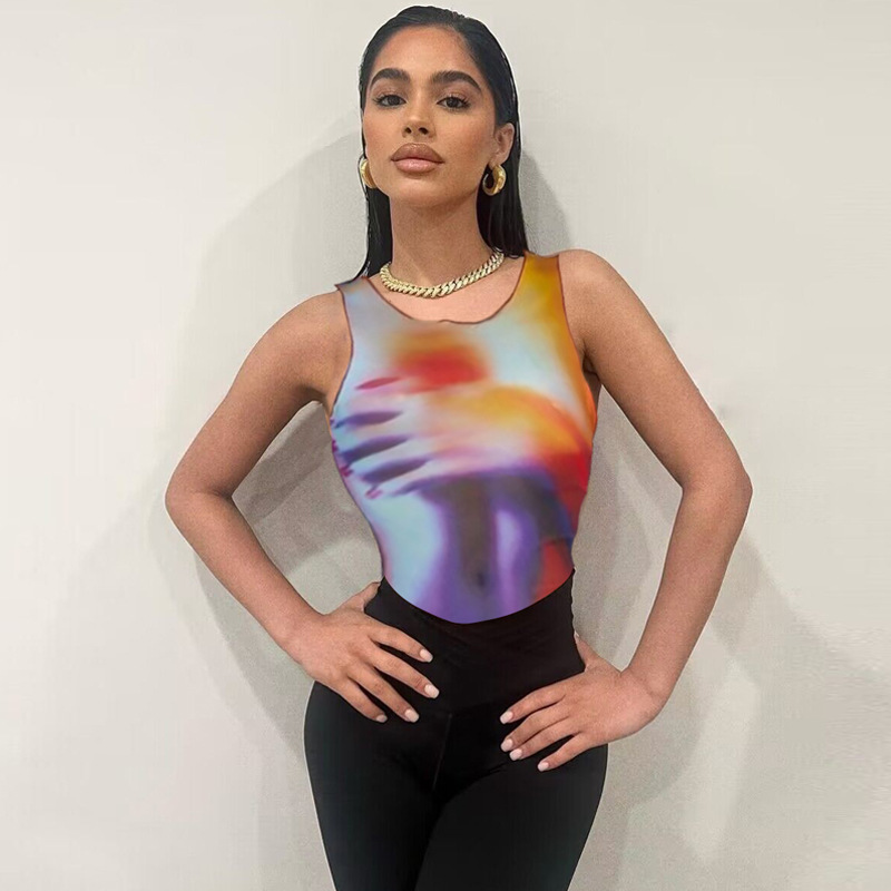 Women Summer Mesh Print Round Neck Sleeveless Boysuit