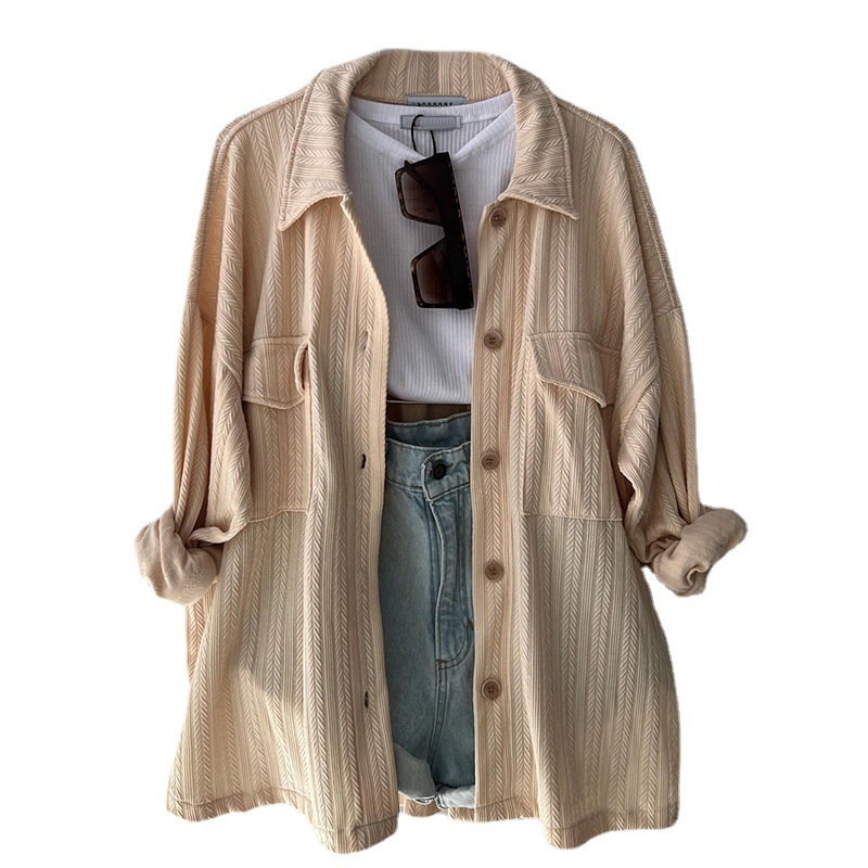 Women's Spring Loose Plus Size Patch Pockets Turndown Collar Long Sleeve Shirt