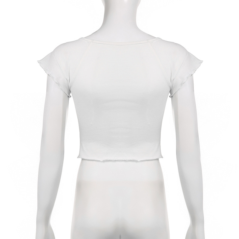 Women Casual Print Ruffle Edge Round Neck Short Sleeve T-Shirt