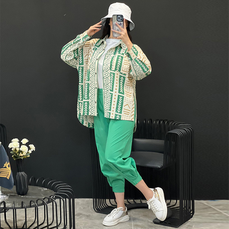 Casual suit Loose Plus Size fashion women's long-sleeved shirt pants linen two-piece suit