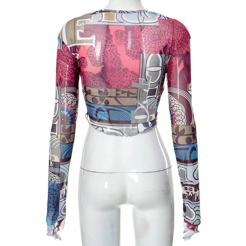 Women's Summer Sexy Mesh Digital Printing Round Neck Long Sleeve Crop Top