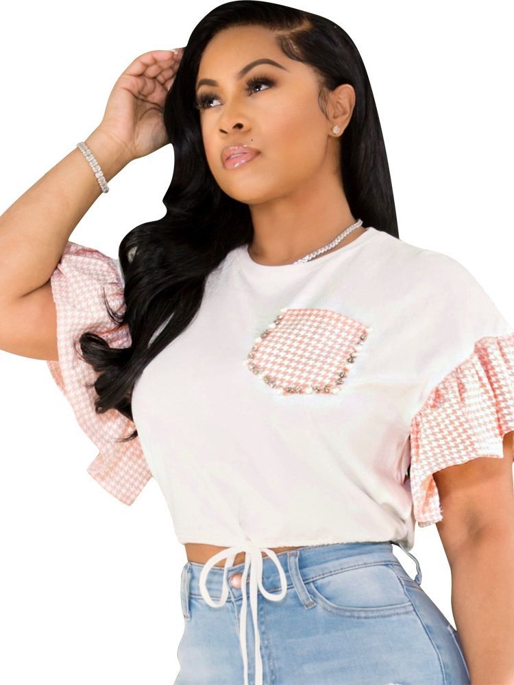 Women Round Neck Beaded Rhinestone Lace-Up Bell Bottom Sleeve Shirt