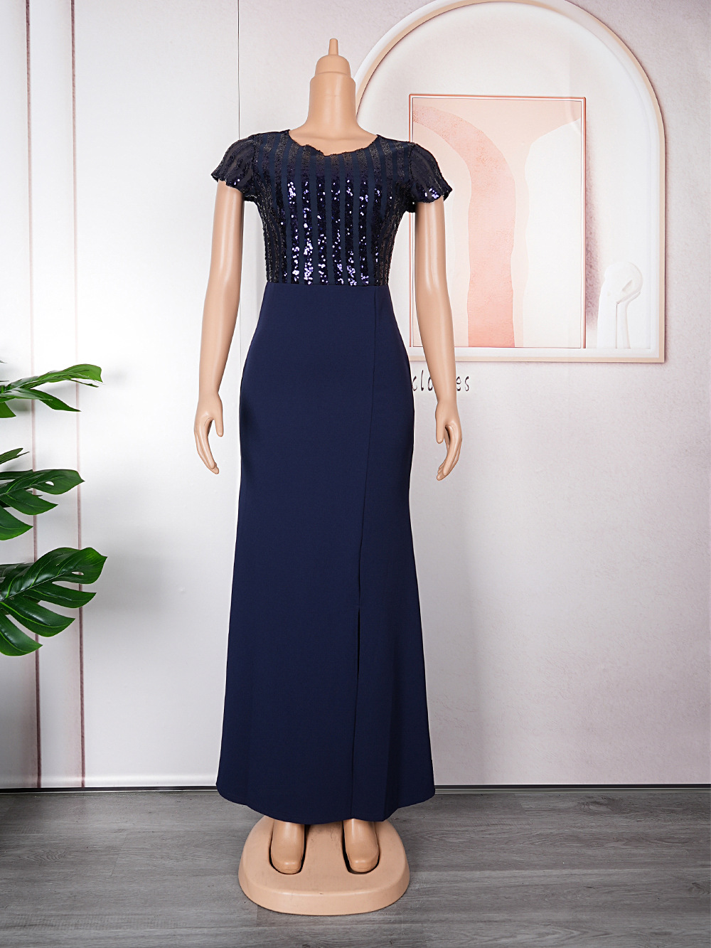 Plus Size African Dress Party Round Neck Solid Dress