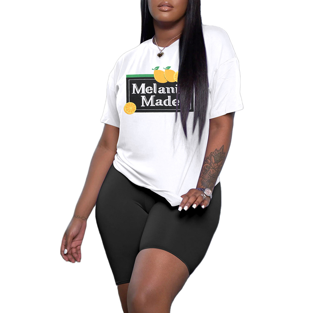 Women Clothing Casual Letter Print Round Neck Short Sleeve Top and Shorts Sports Two Piece Set