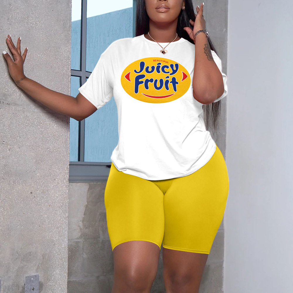 Women Clothing Casual Letter Print Round Neck Short Sleeve Top and Shorts Sports Two Piece Set