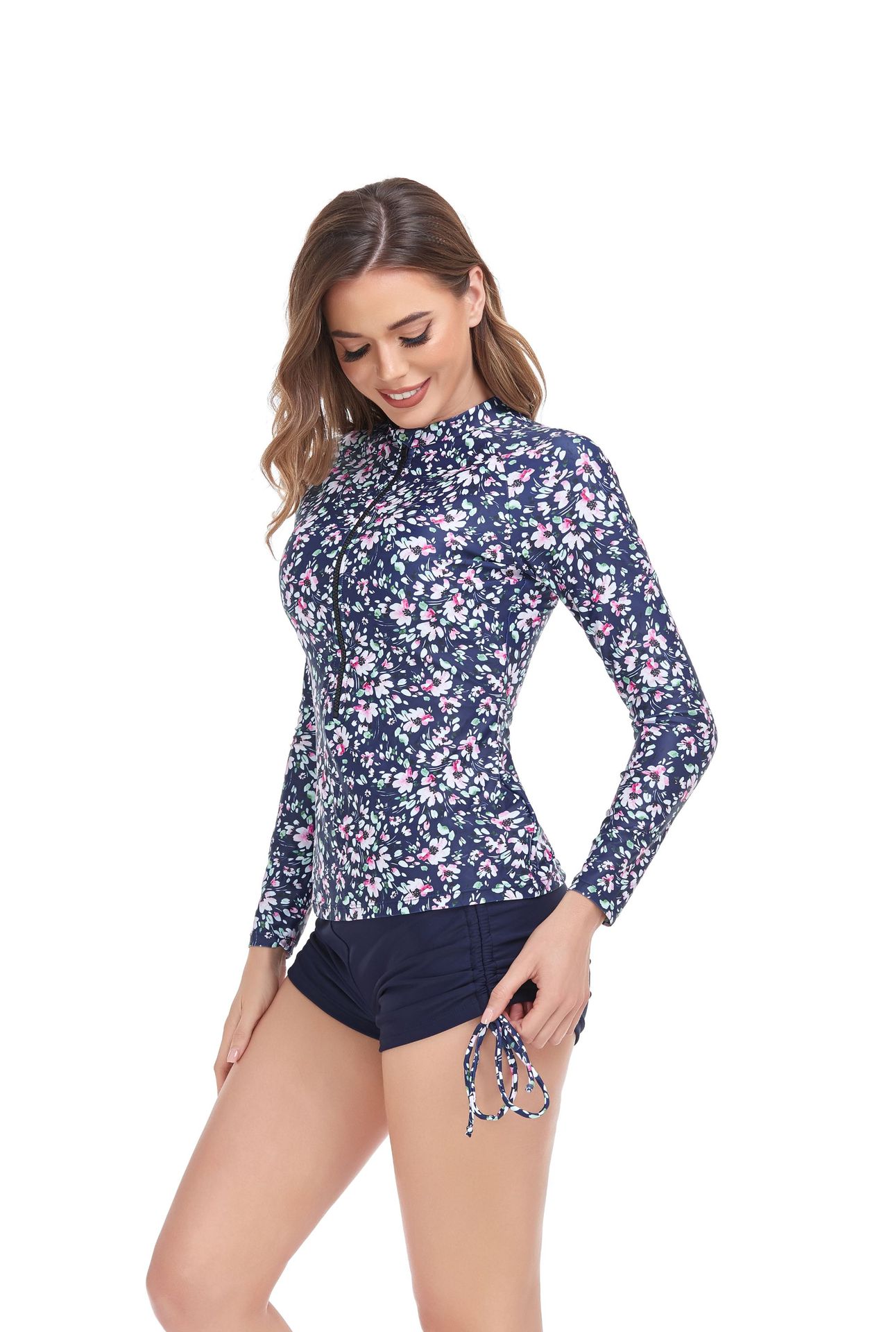 Women's Surf Swimsuit Printed Long Sleeve Sun Protection Zipper Tight Fitting Drawstring Square Leg Shorts Slim Fit Two Pieces Swimwear