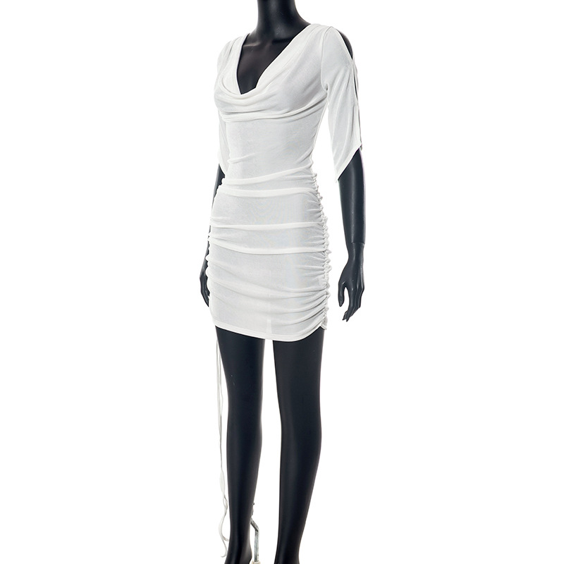 Women Summer Solid Sexy Drawstring Pleated Short Sleeve Dress
