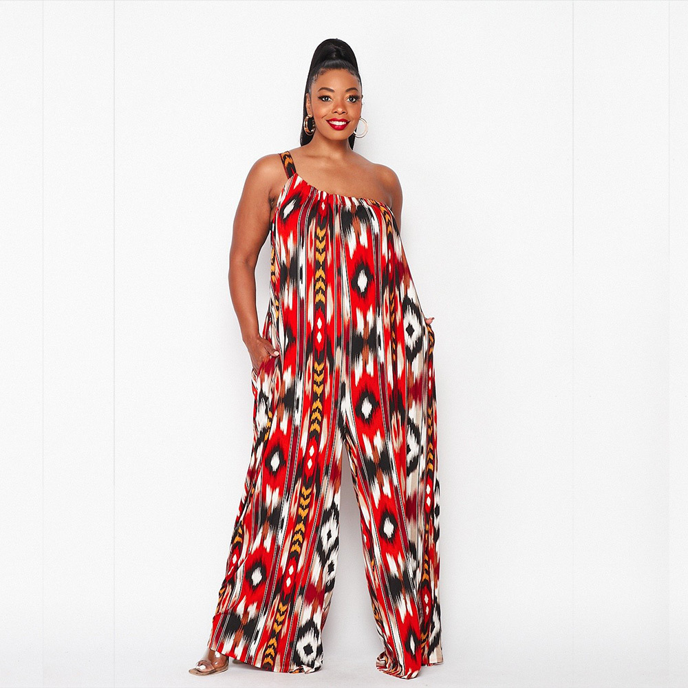 Plus Size Women Tie Dye Casual One Shoulder Wide Leg Jumpsuit
