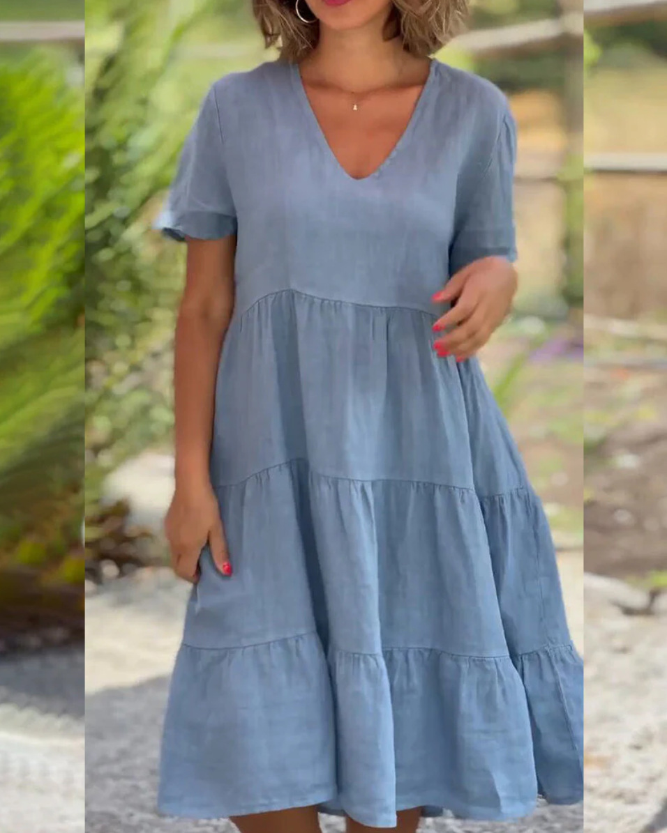 Summer Women V-Neck Solid Casual Dress