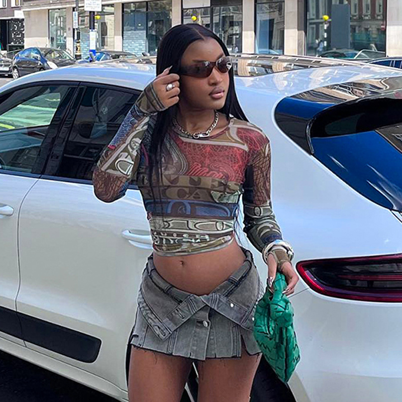 Women's Summer Sexy Mesh Digital Printing Round Neck Long Sleeve Crop Top