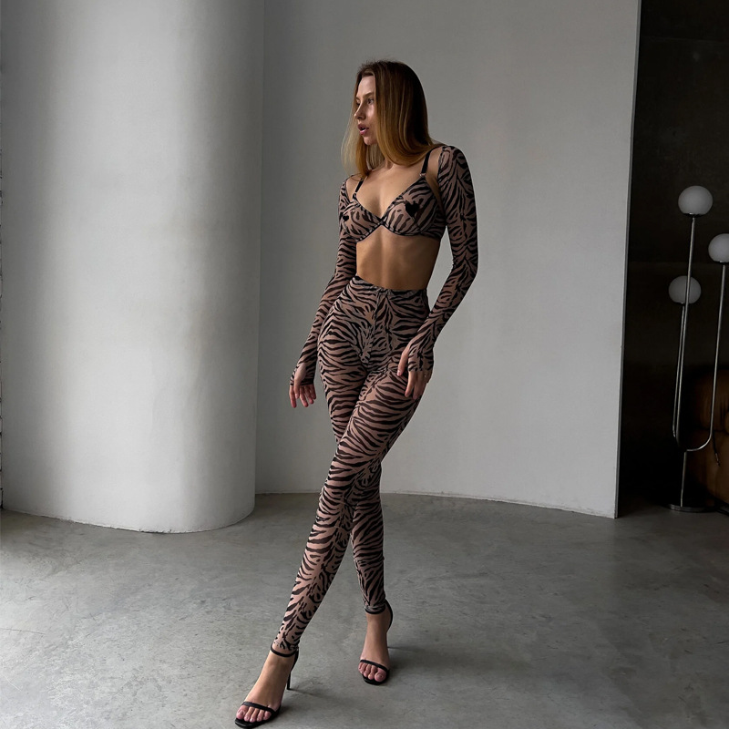 Summer Women Leopard Print Mesh Sexy See-Through Body Shaping Four-Piece Set