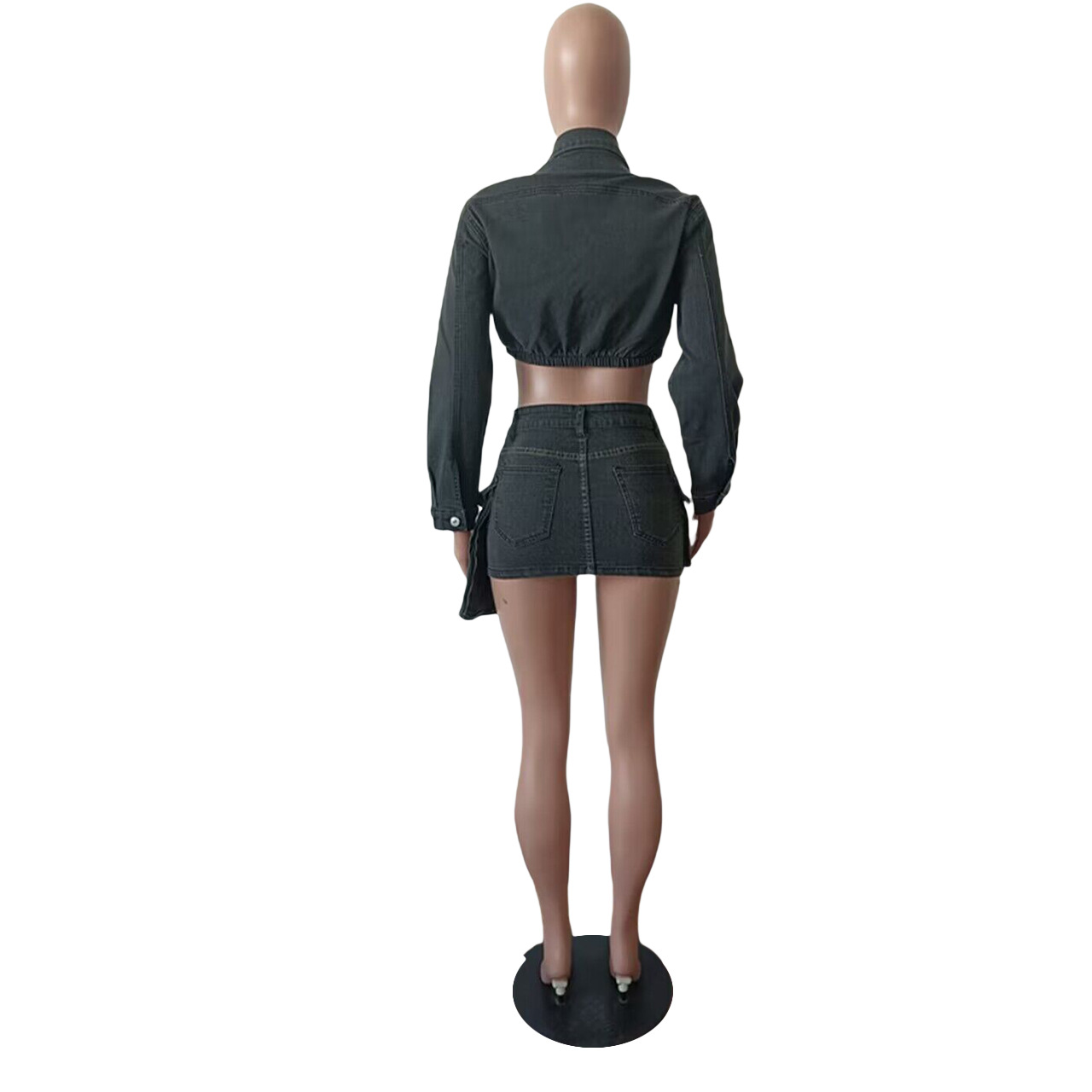 WomenStretch Sexy Denim Long Sleeve Top and Casual Pocket Dress Two Piece Set