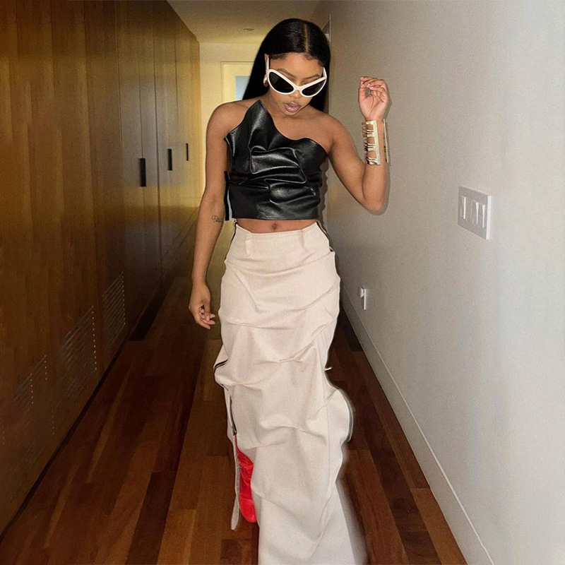 Summer Women Sexy pu Leather Solid Strapless Fold Top