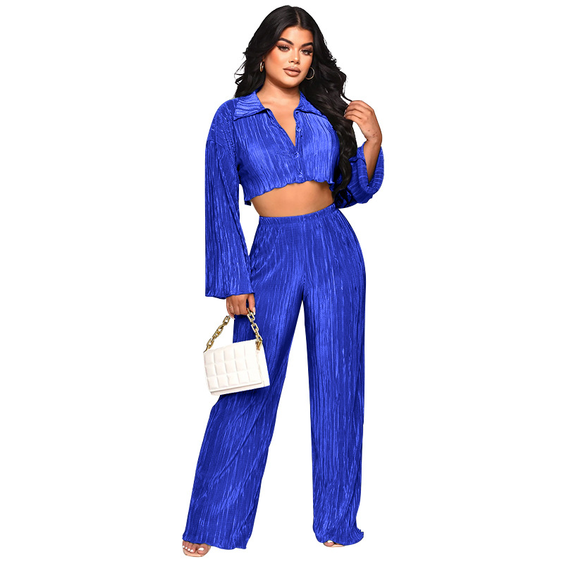 Women Solid Sexy Shirt and Casual Pants Two Piece Set