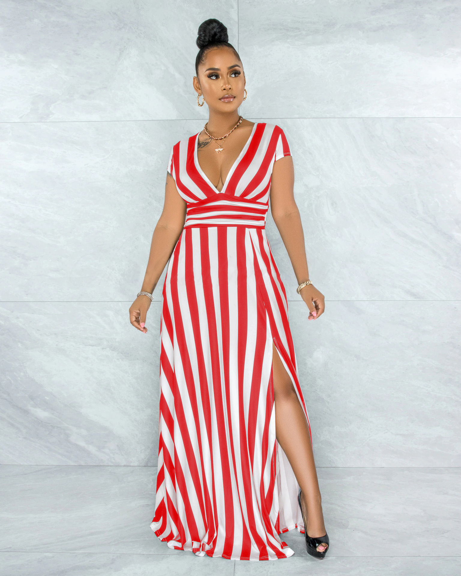 women's sexy fashion striped body sculpting slit dress