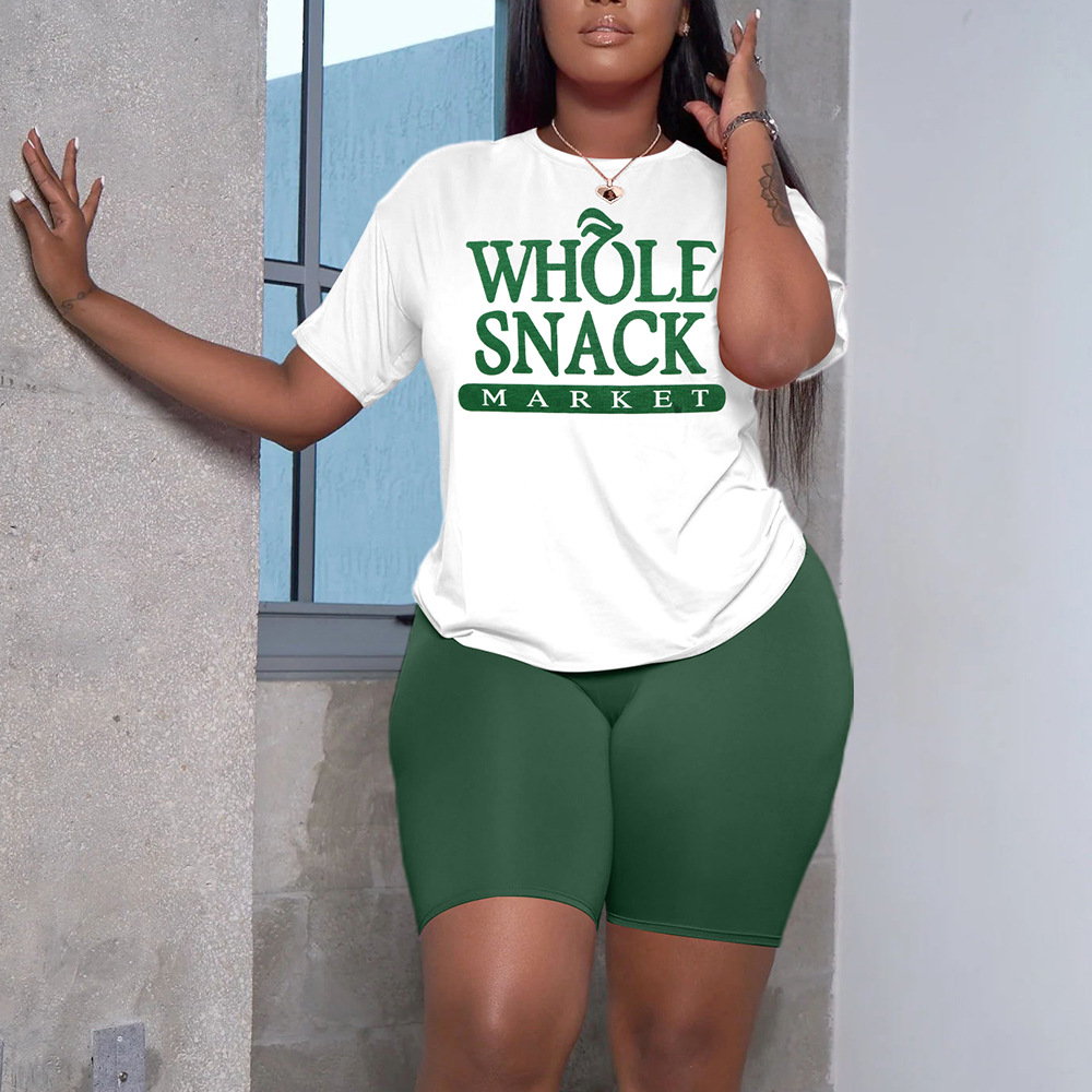 Women Clothing Casual Letter Print Round Neck Short Sleeve Top and Shorts Sports Two Piece Set