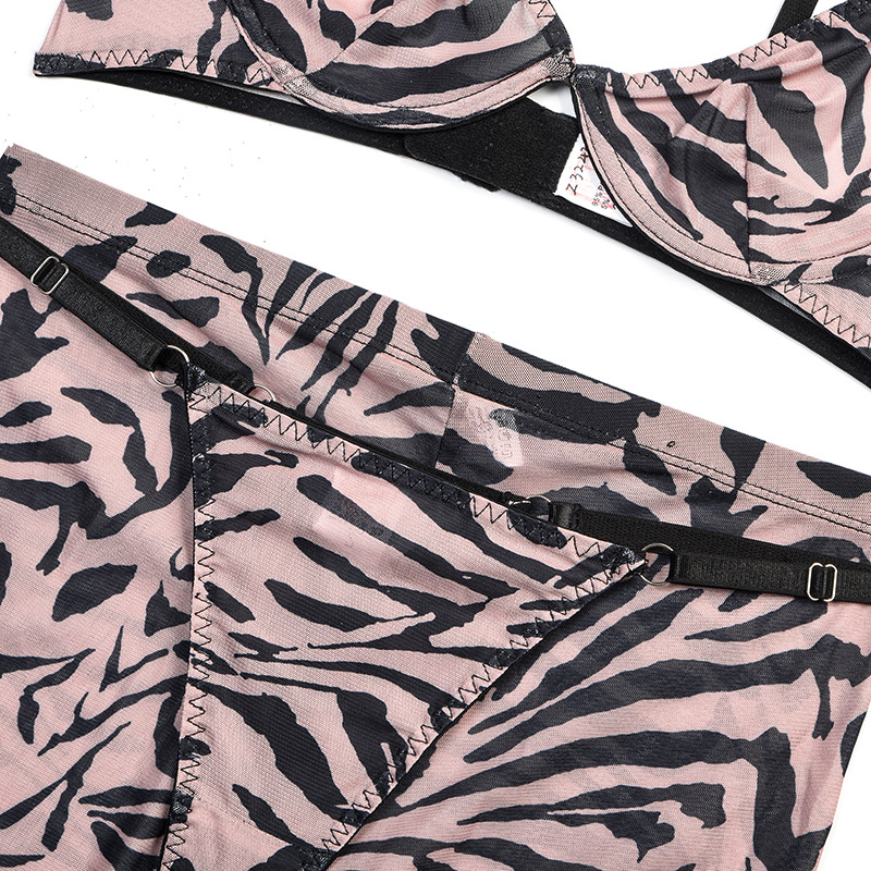 Summer Women Leopard Print Mesh Sexy See-Through Body Shaping Four-Piece Set