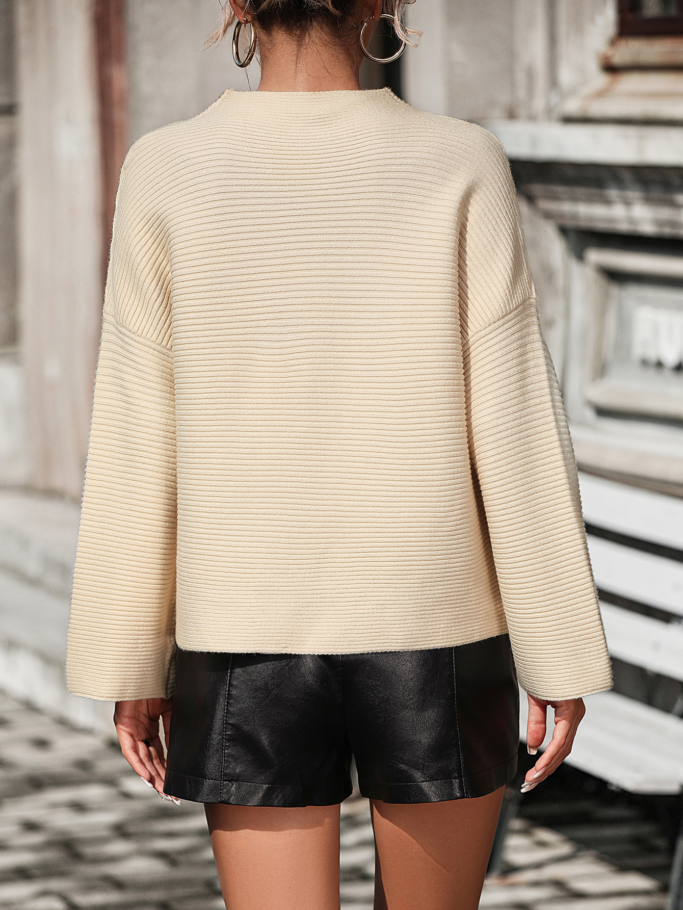 WomenLoose Knitting Cropped Sleeve Solid Sweater