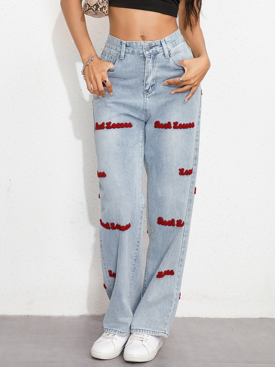 Women's Loose Wide Leg Sexy High Waist Letter Ripped Plus Size Denim Pants