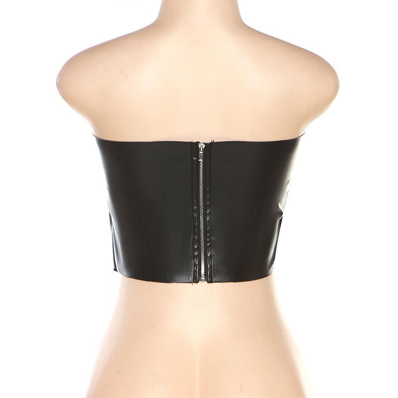 Summer Women Sexy pu Leather Solid Strapless Fold Top
