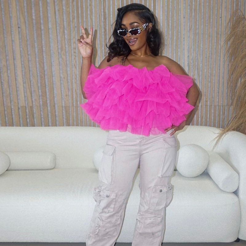 Women Layered Puff Petal Mesh Sleeveless Backless Strapless Top