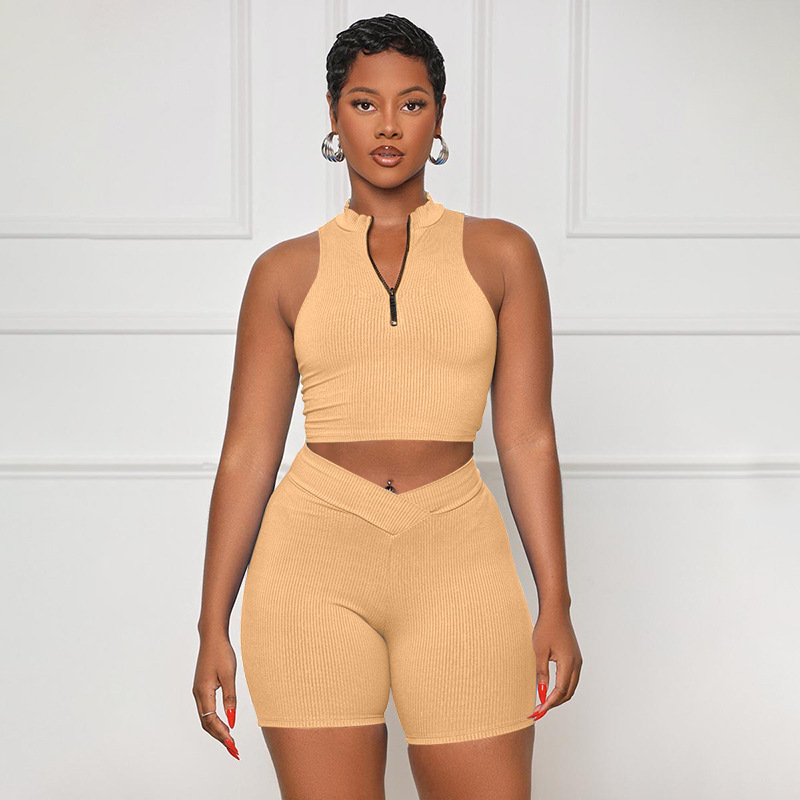 Women Summer Solid Sleeveless Zipper Collar Crop Top and Shorts Two Piece Set