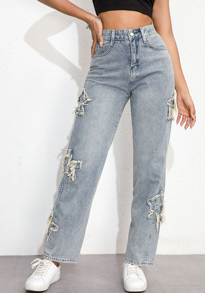 Women's Loose Wide Leg Sexy High Waist Letter Ripped Plus Size Denim Pants