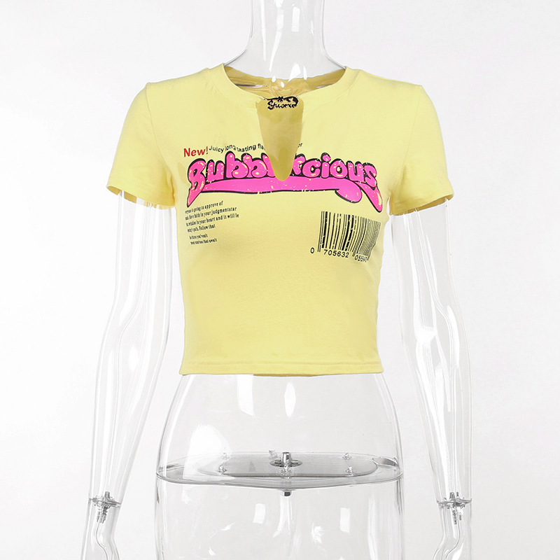 Basic Letter Print Hollow V-Neck Short-sleeved T-Shirt Women's Summer Sexy Fashion Casual Tops