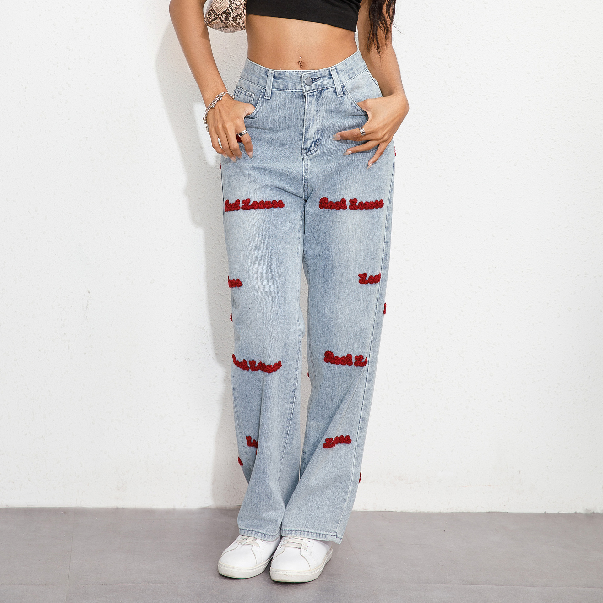Women's Loose Wide Leg Sexy High Waist Letter Ripped Plus Size Denim Pants