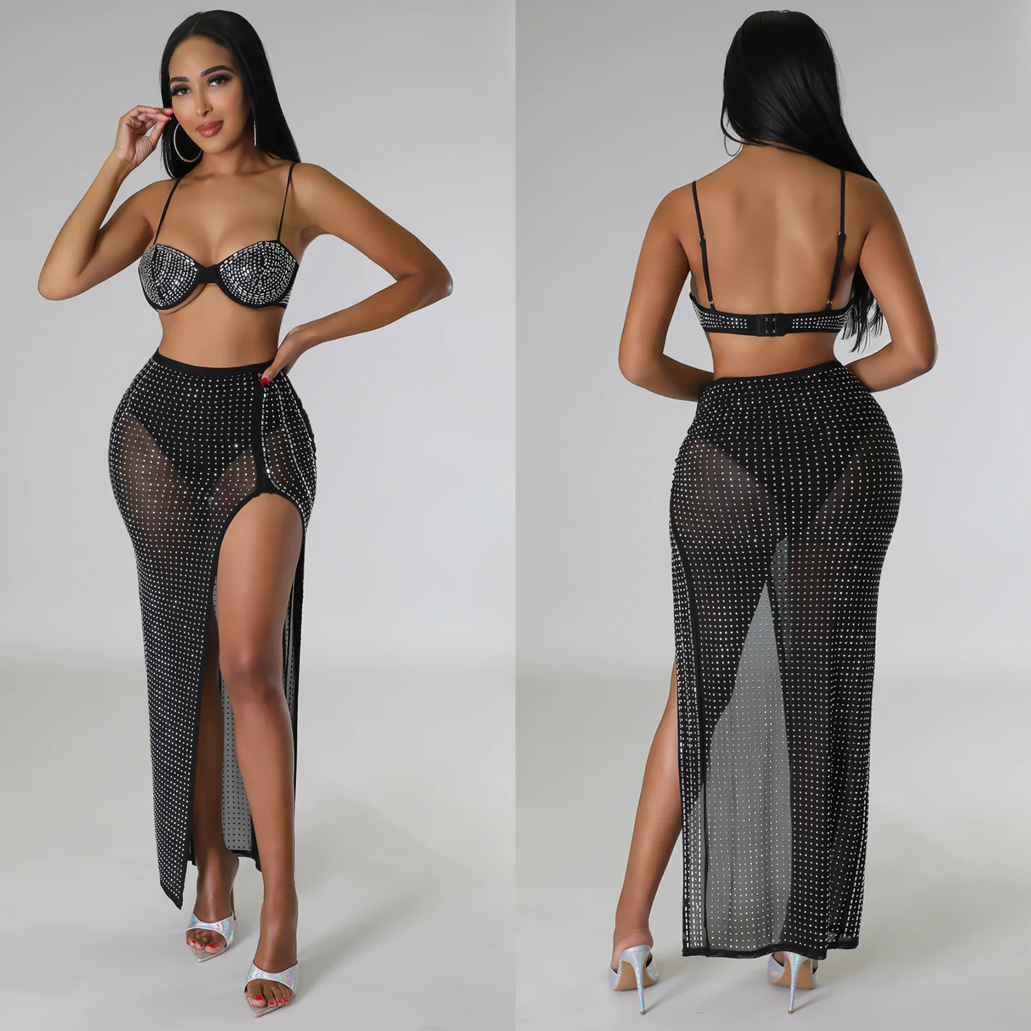 Summer Women's Sexy Mesh Beaded Nightclub Dress Two-Piece Set