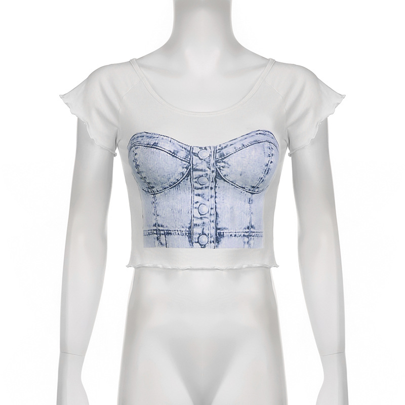 Women Casual Print Ruffle Edge Round Neck Short Sleeve T-Shirt