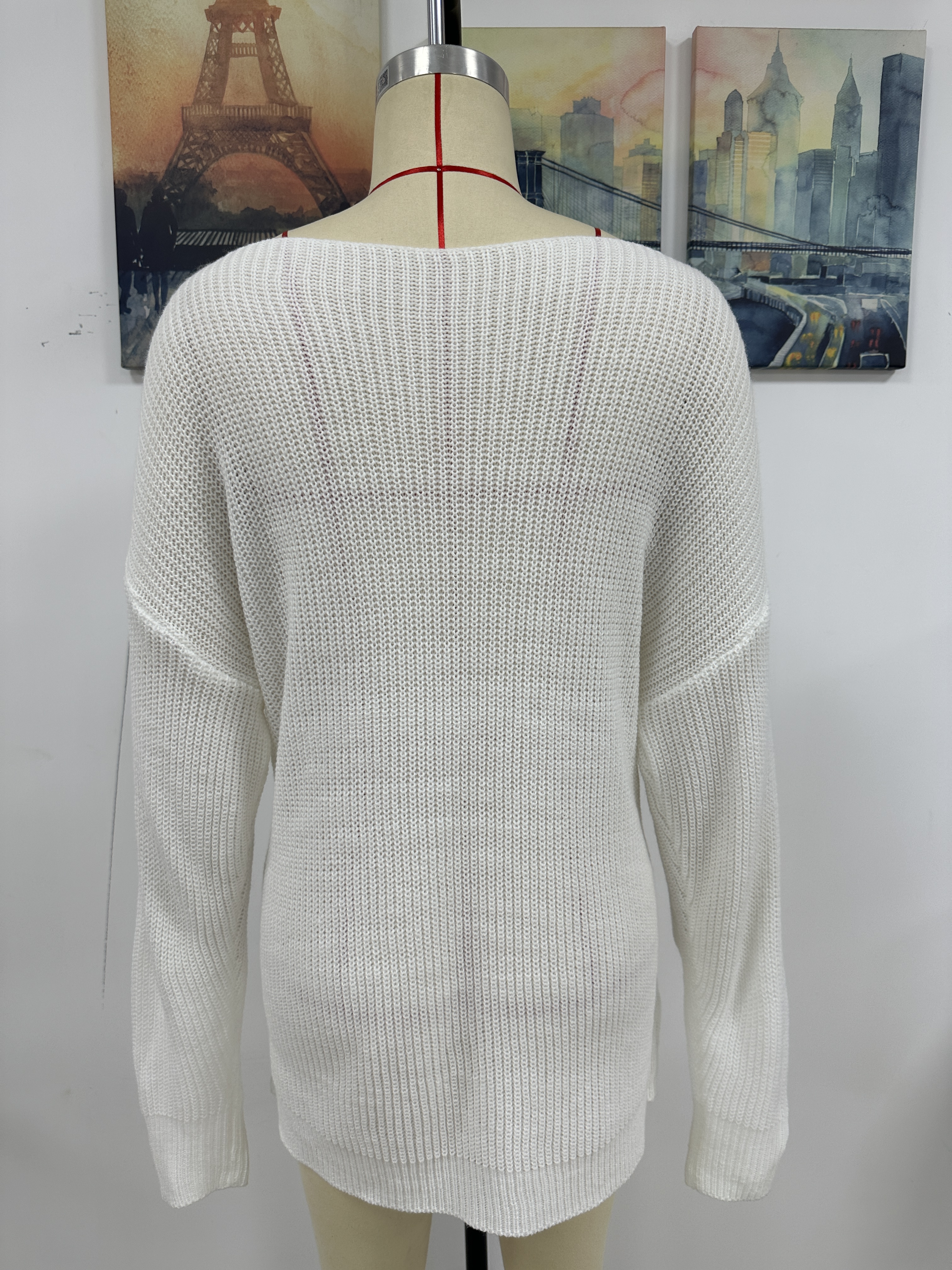 Women Solid Button Rope Knitting Oversized Sweater