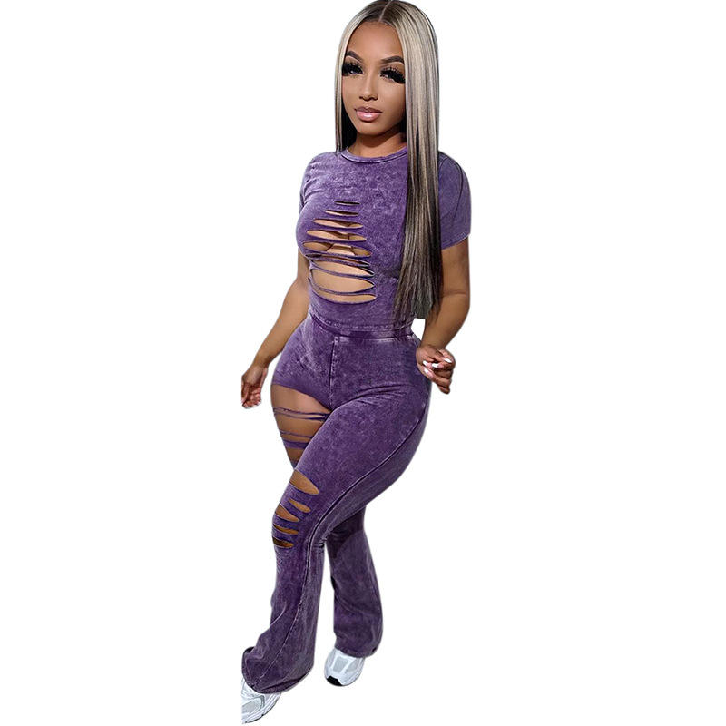 Women Summer Ripped Short Sleeve Top and Pant Casual Two Piece Set