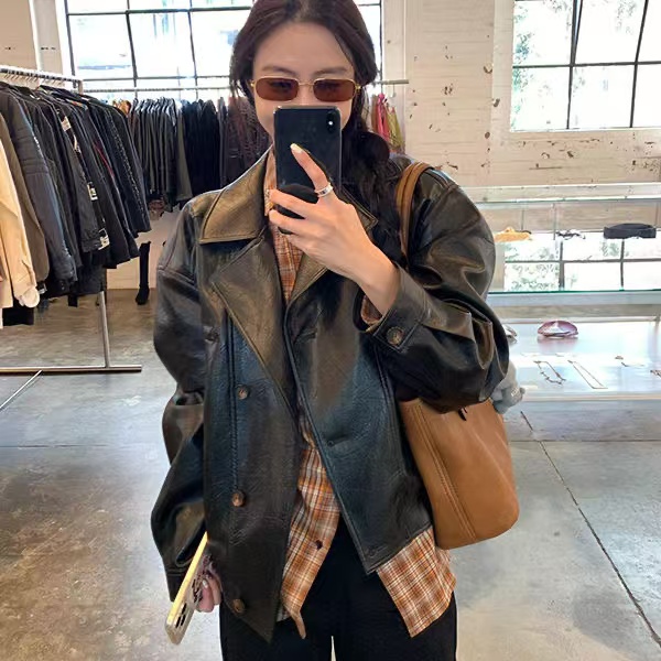 2024 new motorcycle retro jacket long sleeve loose top for women