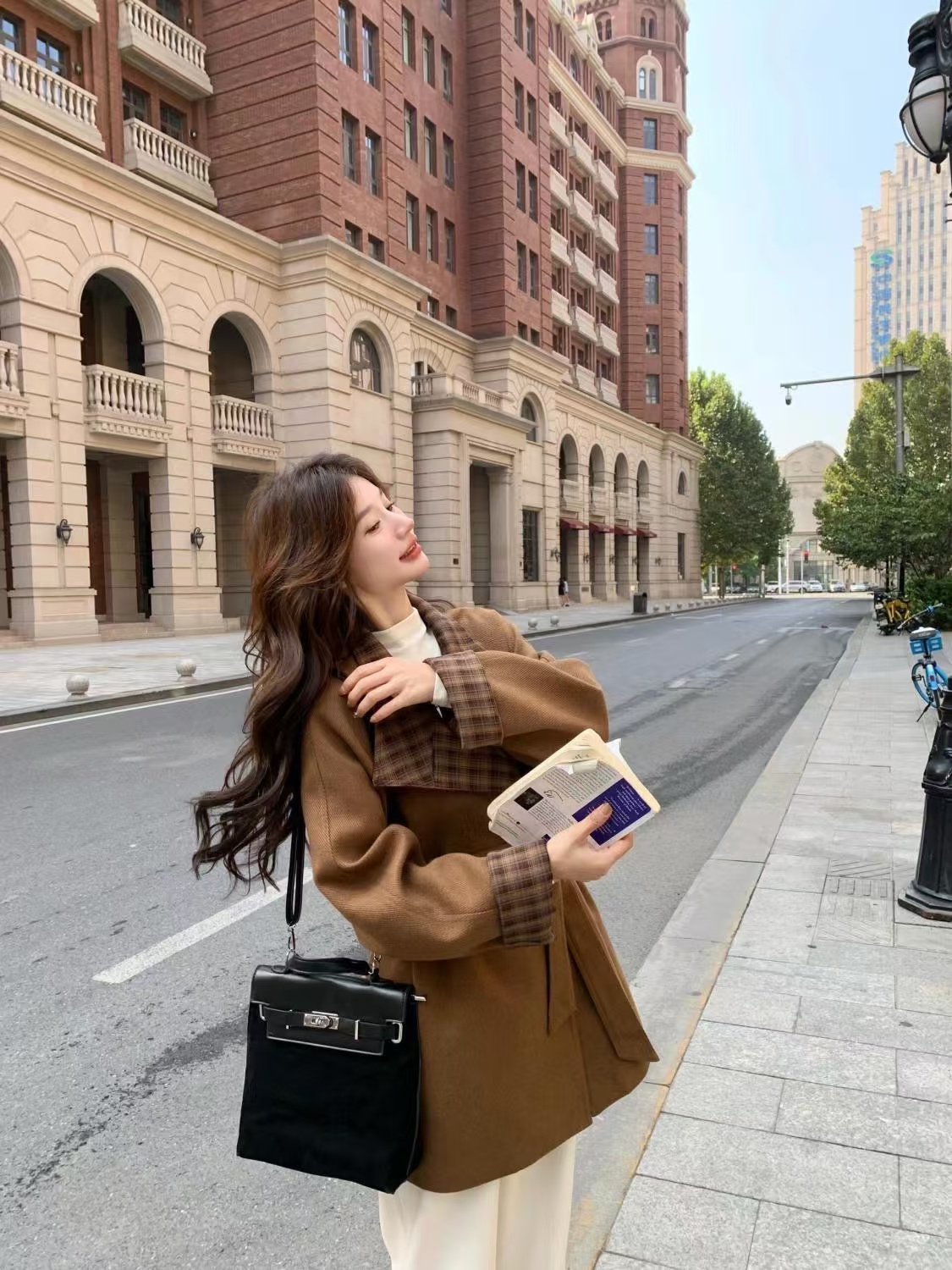 Brown high-end temperament retro woolen stand collar trench coat for women autumn loose mid-length woolen coat