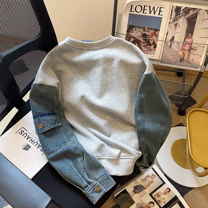 American niche design denim patchwork long-sleeved round-neck sweatshirt for women in autumn and winter, retro loose hoodless pullover top