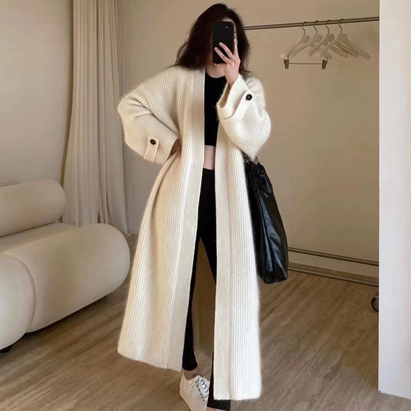 Korean chic French style high-end V-neck soft and skin-friendly knitted cardigan loose over-the-knee long sweater coat for women