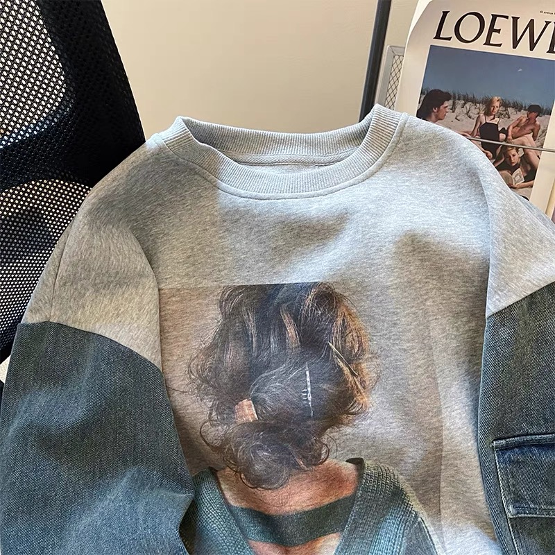 American niche design denim patchwork long-sleeved round-neck sweatshirt for women in autumn and winter, retro loose hoodless pullover top