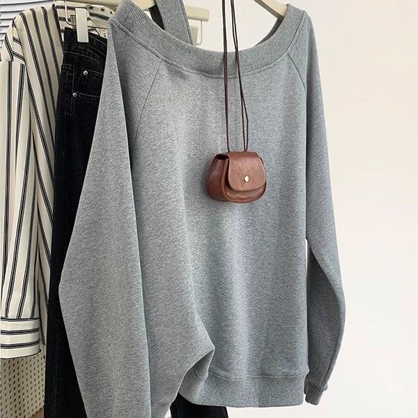 American style grey shoulder strap off-shoulder sweatshirt for women