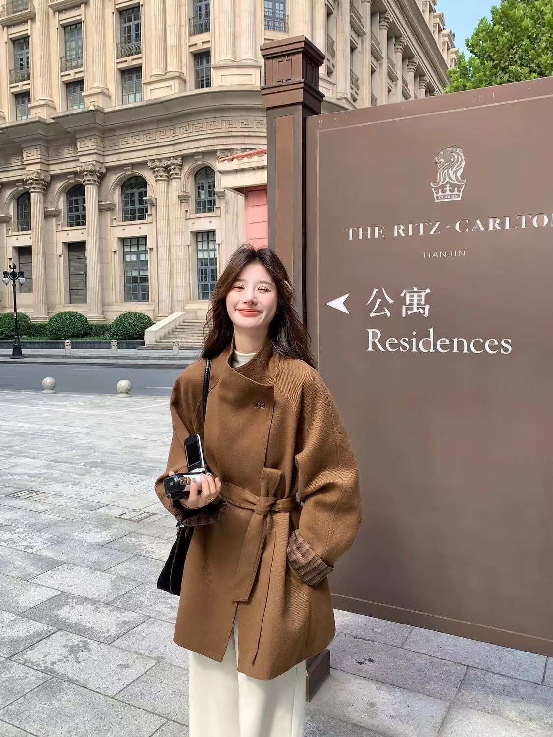 Brown high-end temperament retro woolen stand collar trench coat for women autumn loose mid-length woolen coat