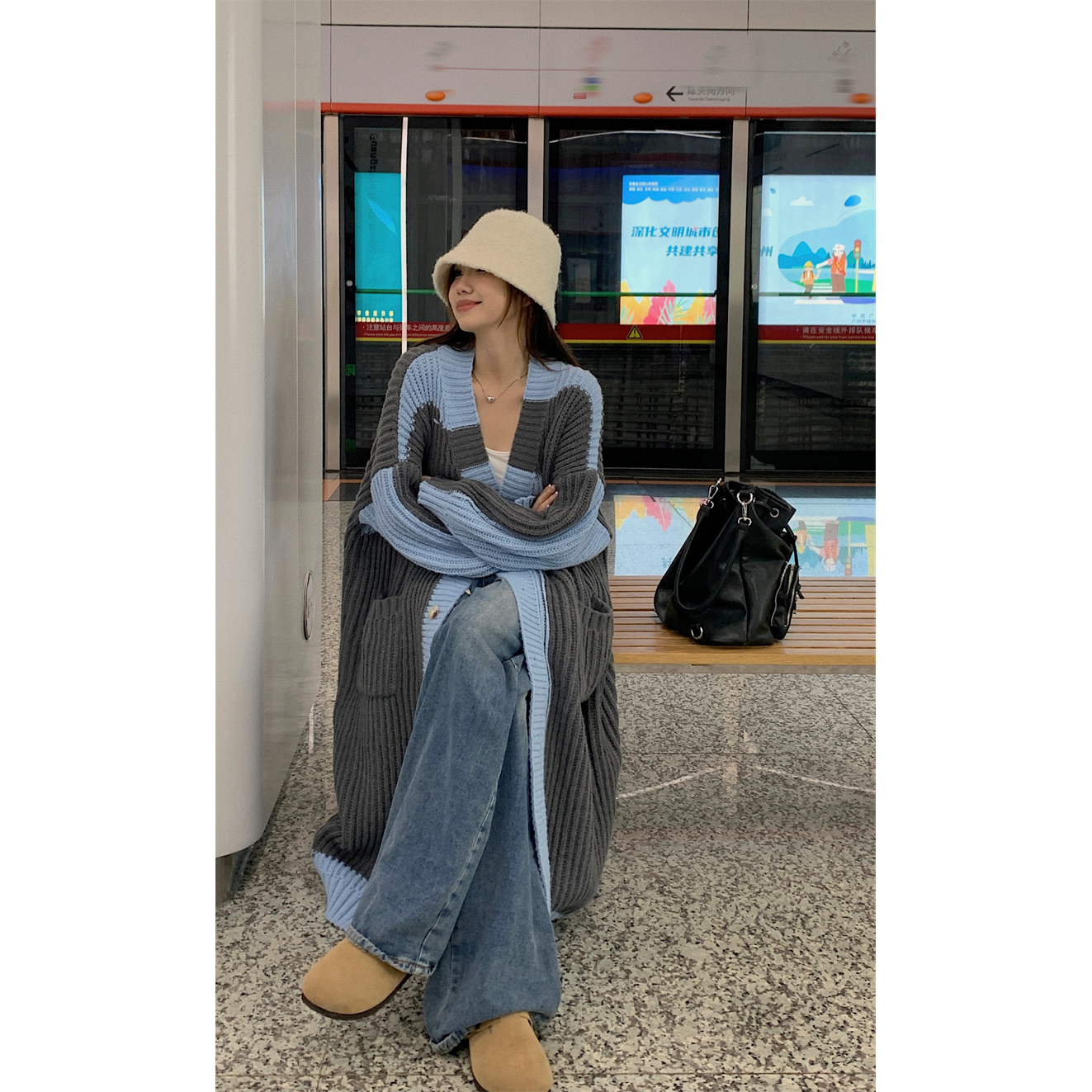 New design color matching sweater coat for women, autumn long, knee-length, loose,