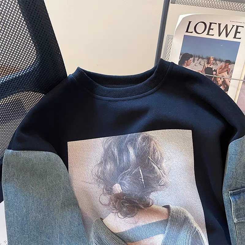 American niche design denim patchwork long-sleeved round-neck sweatshirt for women in autumn and winter, retro loose hoodless pullover top