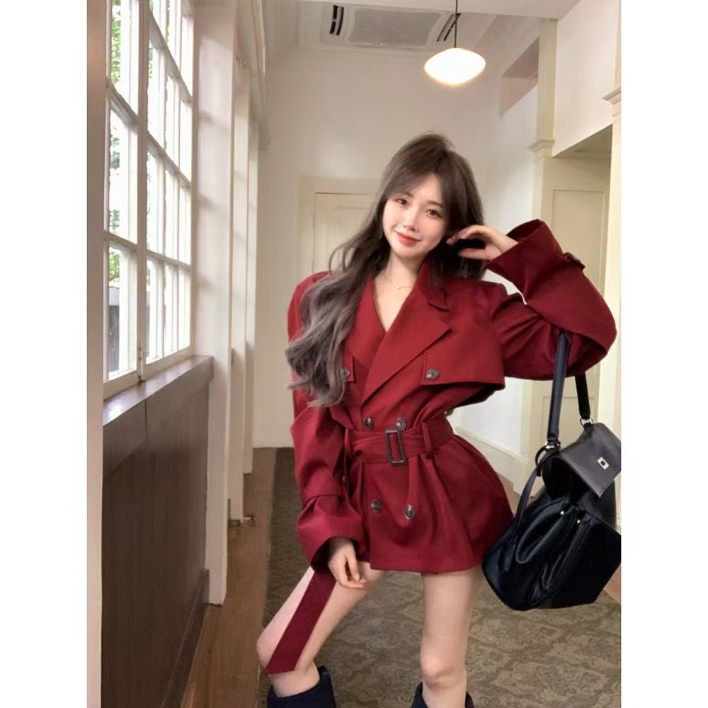Angola red mid-length windbreaker jacket for women autumn new loose slim double-breasted long-sleeved cardigan top trendy