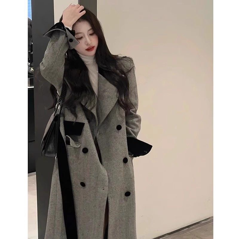 Gray woolen coat for women 2024 autumn and winter woolen coat for small size British style